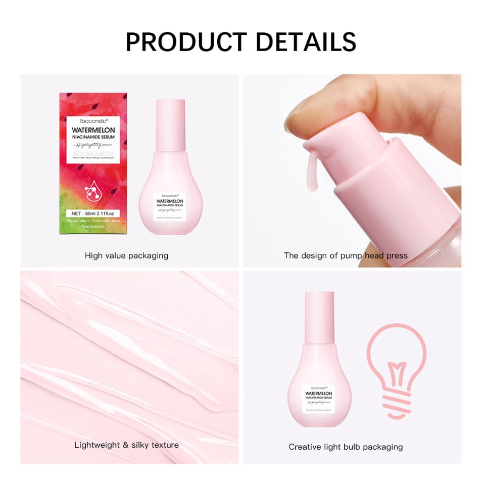 GCDAT Watermelon Glow Niacinamide Dew Drops Highlighting Serum, Glow Recipe Watermelon Hydrating Serum With Hyaluronic Acid, Brighten, Moisturizing, Lightweight Facial Serum & Priming Liquid Highlighter
