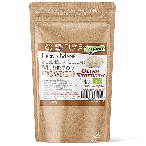 Lions Mane Organic - Ultra Strength 50% Beta 1,3/1,6 D Glucan (Hericium Erinaceus ‎) - Zero Additives (100g Powder Pouch)