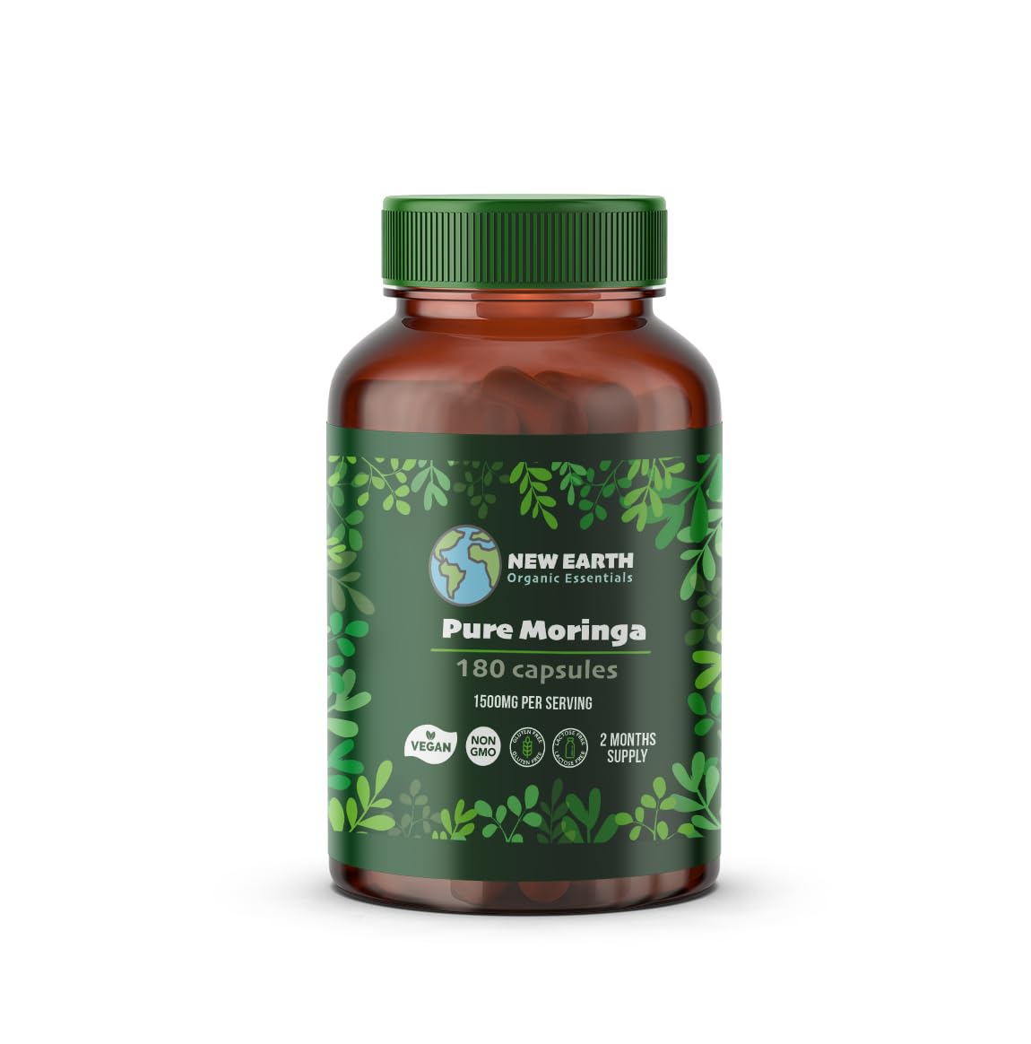 New Earth Organic Essentials Pure Moringa Capsules - Pure Moringa Oleifera Leaf Powder -180 Vegan Capsules