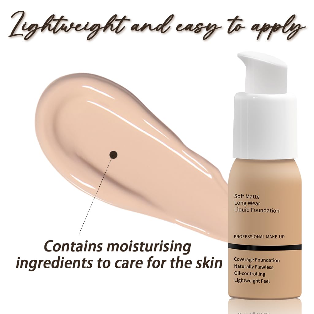 FPNNZ Face Foundation, Full Coverage Foundation, Liquid Foundation Soft Matte, Lightweight Feel Oil-Control Concealer, Long Lasting, Waterproof, Sweat and Transfer Resistant (03#)