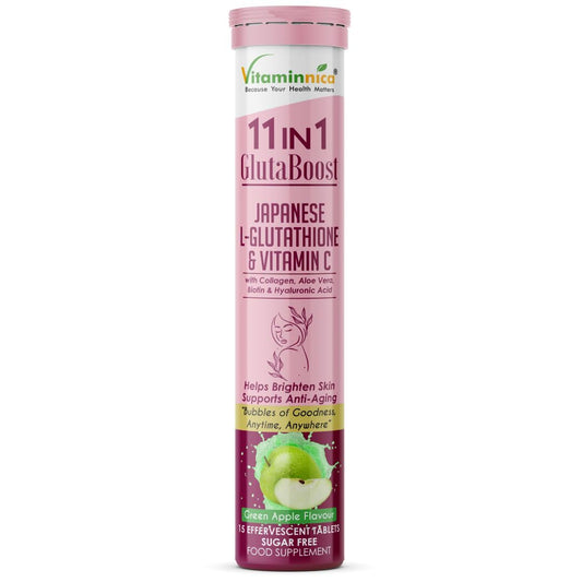 Vitaminnica Because your Health Matters Vitaminnica Gluta Boost 11-in-1 Effervescent Tablets with Japanese L-Glutathione, Collagen, & Hyaluronic Acid | Skin Radiance & Beauty Supplement | 15 Tablets (Pack of 1, Green Apple)