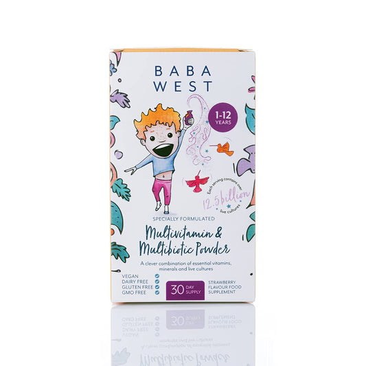 BABA WEST Baba West | Children's Multivitamin & Multibiotic Powder | with Live Cultures, Essential Vitamins & Minerals | Kids 1 to 12 Years