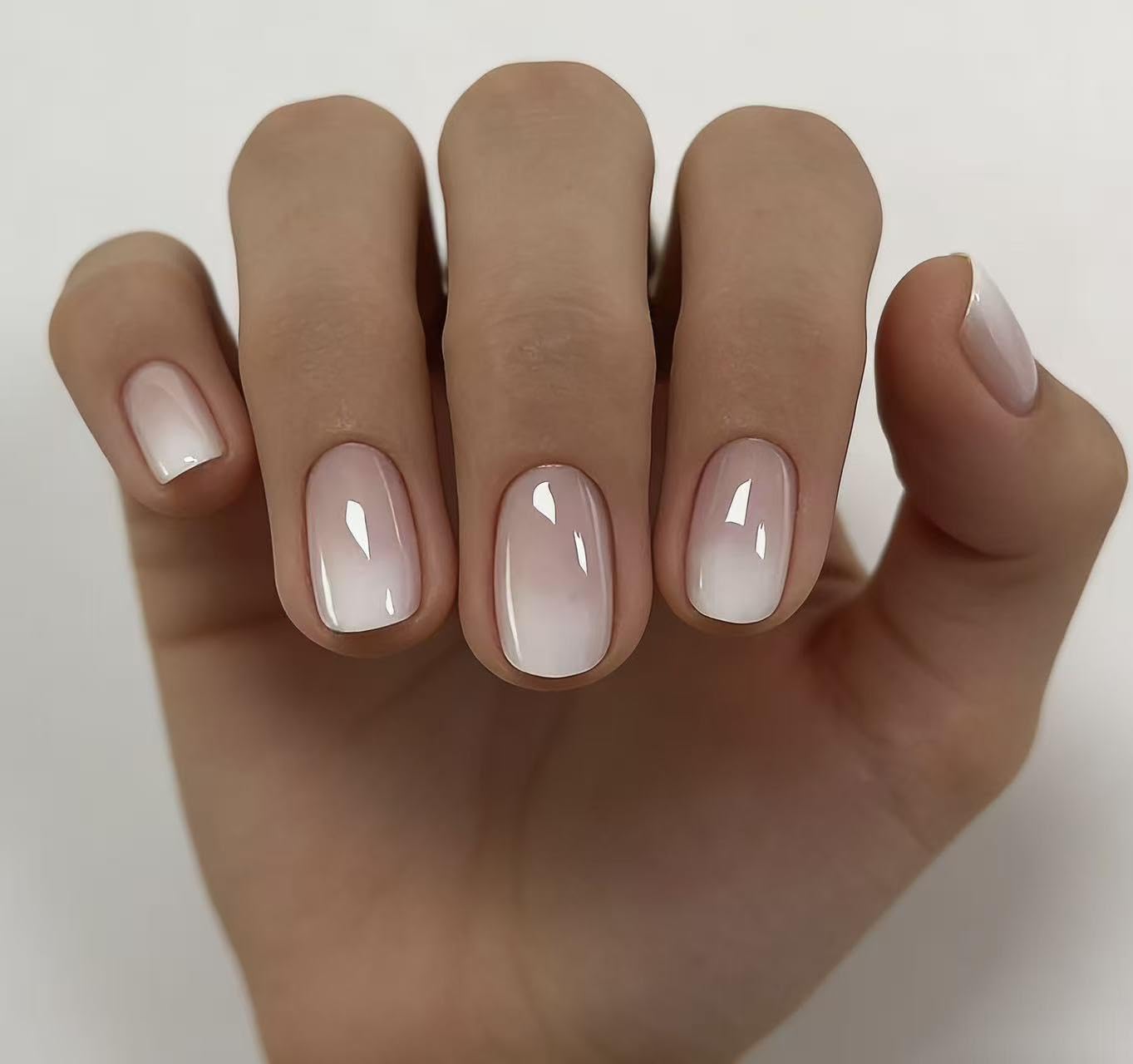 MouyouGlow Short False Nails, Square Pink Gradient White Chrome Glazed Donut Hailey Bieber Press on Nails with Glue, Natural Pink Ombre White Solid Fake Nails