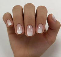 MouyouGlow Short False Nails, Square Pink Gradient White Chrome Glazed Donut Hailey Bieber Press on Nails with Glue, Natural Pink Ombre White Solid Fake Nails