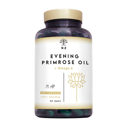 Evening Primrose Oil 2000 mg, 10% GLA. 200 Softgel Capsules with Vitamin E and Omega 6. High Strength, Easy Swallow, Cold Pressed. Menopause, Skin and Nails Care. Made in EU. N2 Natural Nutrition