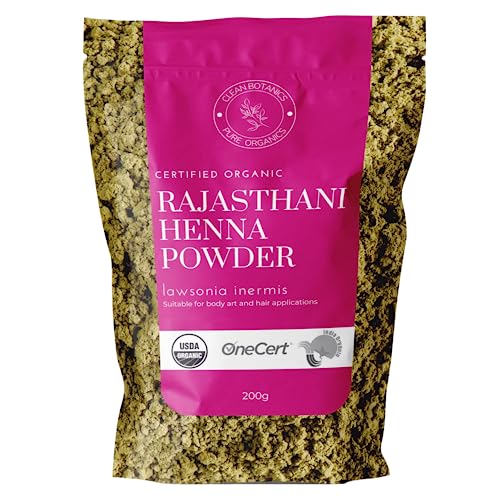 Clean Organics 200g Organic Certified Rajasthani Henna Powder 100% Pure Mendhi Natural Hair Colour Dye Triple Sifted BAQ
