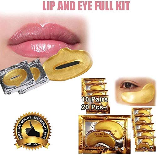 Cascove 20 Eye + Lip Gold Mask Patches Collagen Crystal Gel Pad Face Anti Aging Wrinkle Plush Lips Filler Pout Moisturizing Eye Patches Sheet Beauty Gold Hydrating Pads Ladies Xmas Gift Present