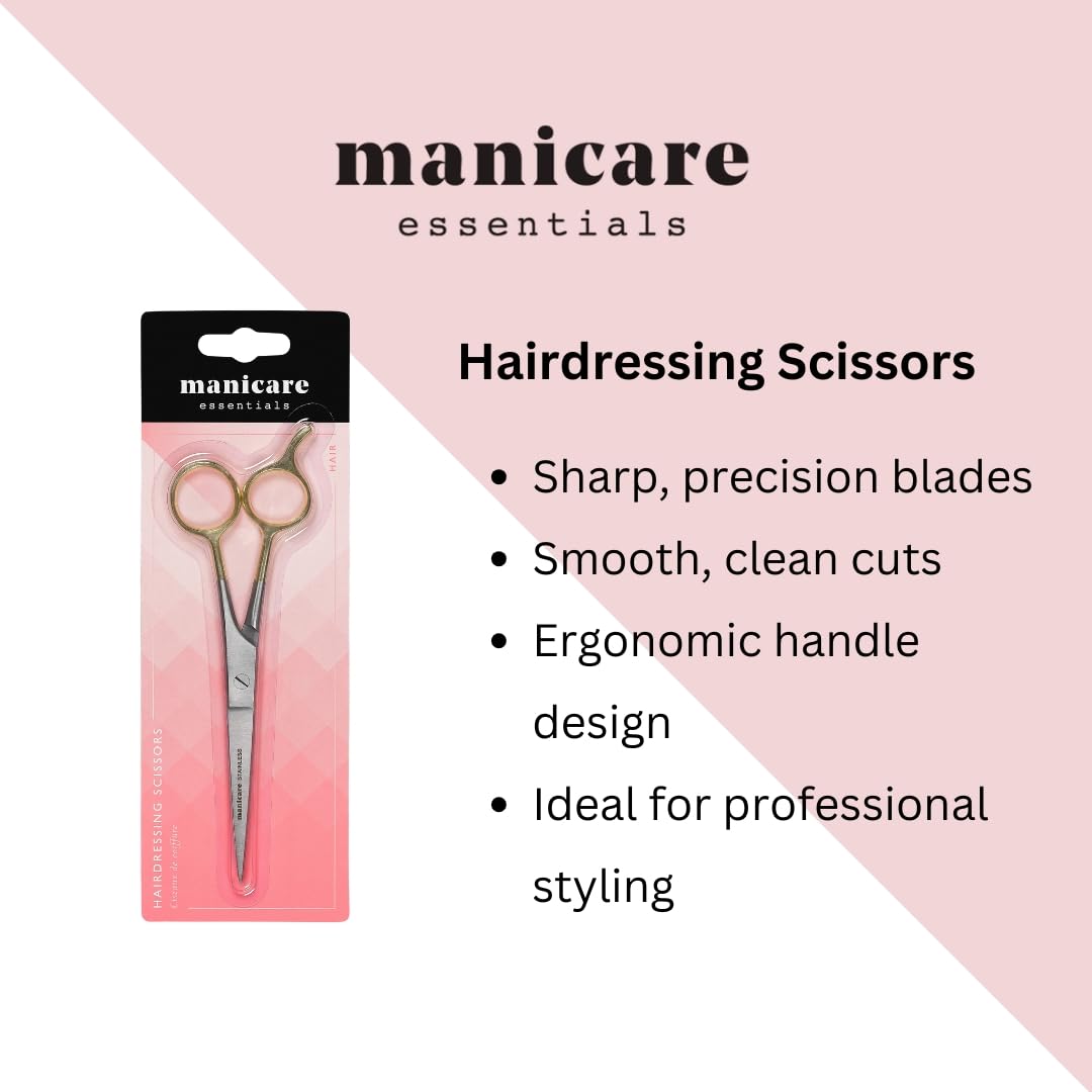 Manicare Hairdressing Scissors, Professional Japanese Stainless Steel, Barber Hair Scissor, Cutting Shears, For At Home Or Salon, Gold Plated Handles With Finger Rest, Use For Trimming Wet Or Dry Hair