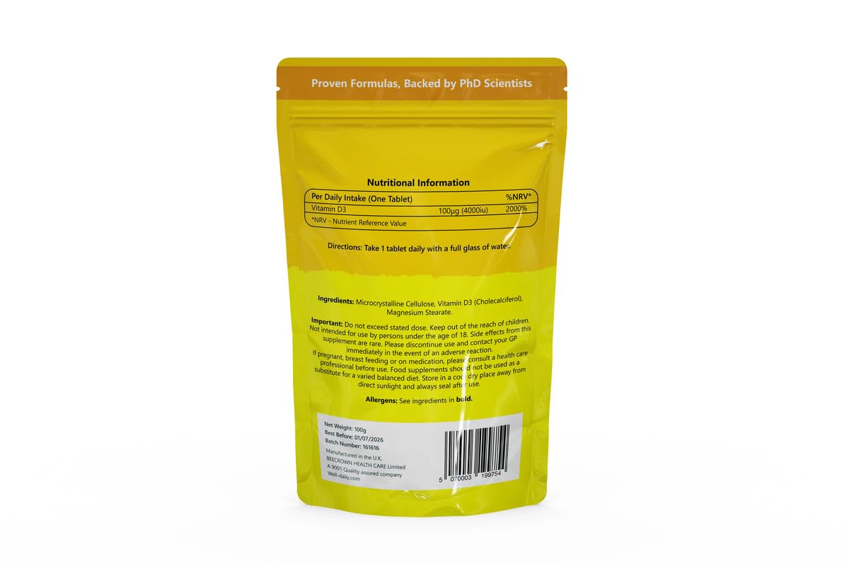 Well Daily Vitamin D3 - D3 Vitamin 4000 Lu | 360 Tablets Max Vitamin D3 | Easy to Swallow High Strength Muscle & Bone Support Tablets | Halal & Kosher Vegan Tablets for Regulate Blood, Heart Function