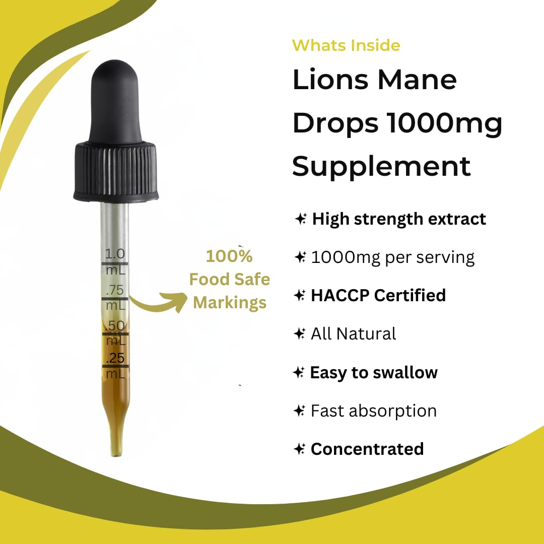 Lions Mane Supplement Liquid 1000mg - 60 Vegan Servings High Strength Lions Mane Mushroom Fruiting Body Extract - 2 Months Supply - Nootropic - Made in The UK by BLACK HAWK