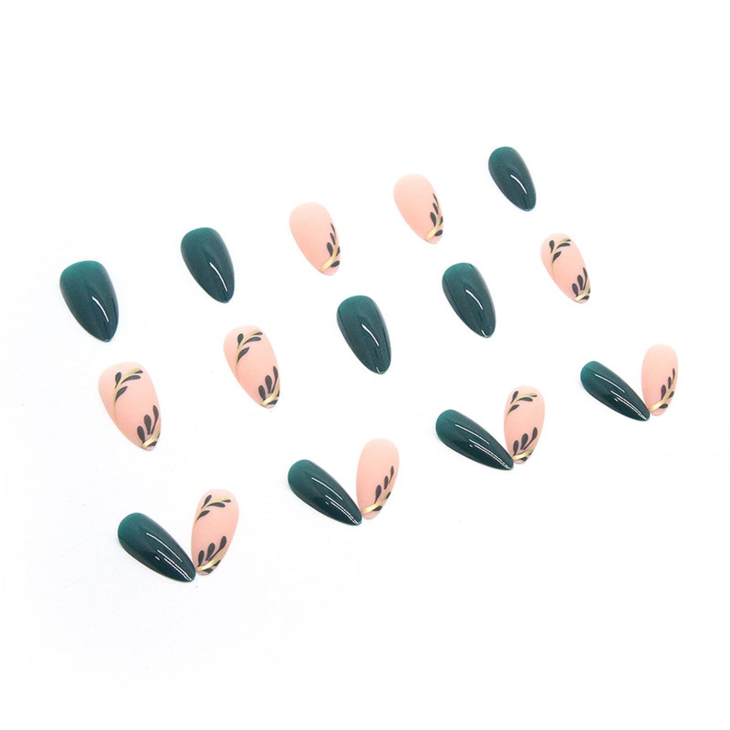 TMUT 24pcs Short Almond False Nails Green Stick on Nails Leaves Design Press on Nails Removable Glue-on Nails Fake Nails Women Girls Nail Art Accessories