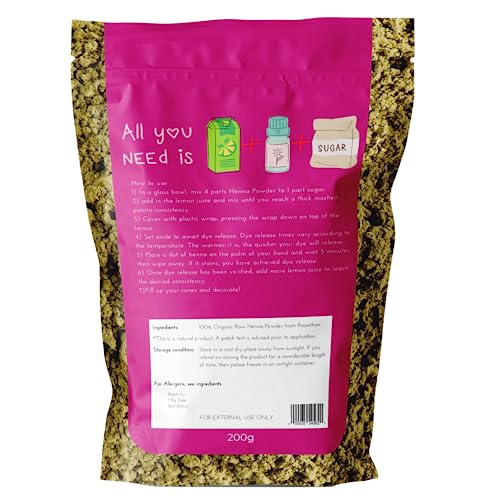 Clean Organics 200g Organic Certified Rajasthani Henna Powder 100% Pure Mendhi Natural Hair Colour Dye Triple Sifted BAQ