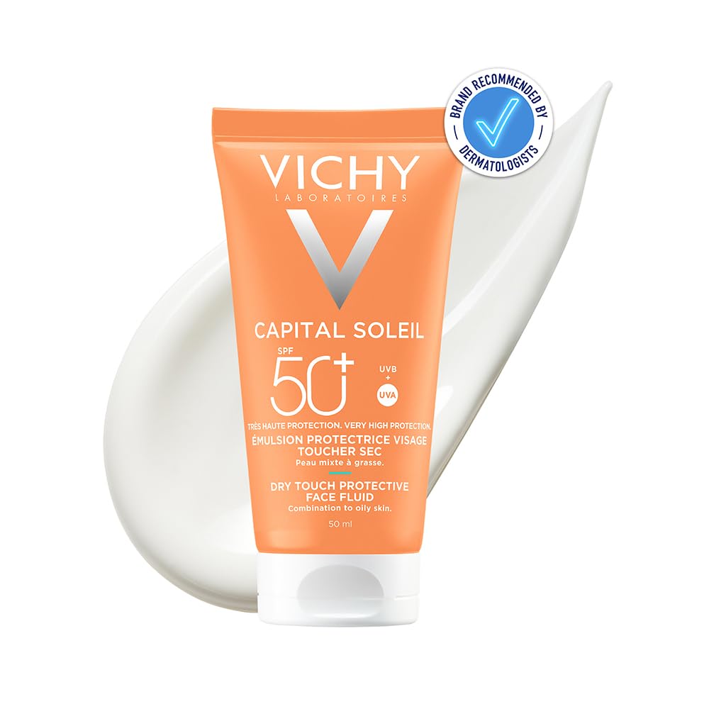VICHY Vichy Captial Soleil Dry Touch Protective Face Fluid SPF 50+, Mattifying Sunscreen with Airlicium for Long-Lasting Shine Control, For All Skin Types, 50ml