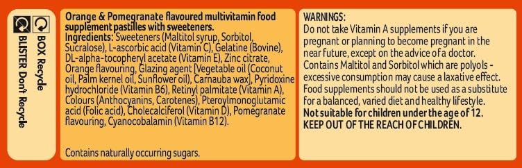 Bassetts Vitamins Adult Orange & Pomegranate Flavour Immune Support Multivitamins 30 Gummy Pastilles