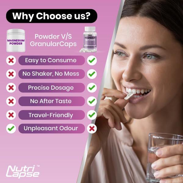 Nutri Lapse Nutrilapse™ Magnesium Glycinate (Bisglycinate) with Vitamin B6, High Bioavailability Granular Technology Sustained Release Capsules, 2400mg Magnesium Delivering 340mg Magnesium Elemental, 4mg Vitamin