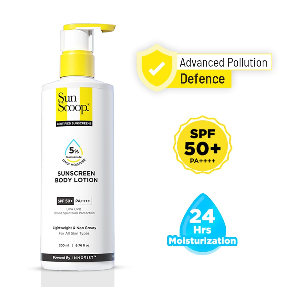 SunScoop 5% Niacinamide Body Sunscreen SPF 50+ PA++++ | Ceramides & Oat Extract | Broad Spectrum UVA UVB | No White Cast | 24hr Moisture | Non-Greasy Body Lotion | All Skin Types | 200ml