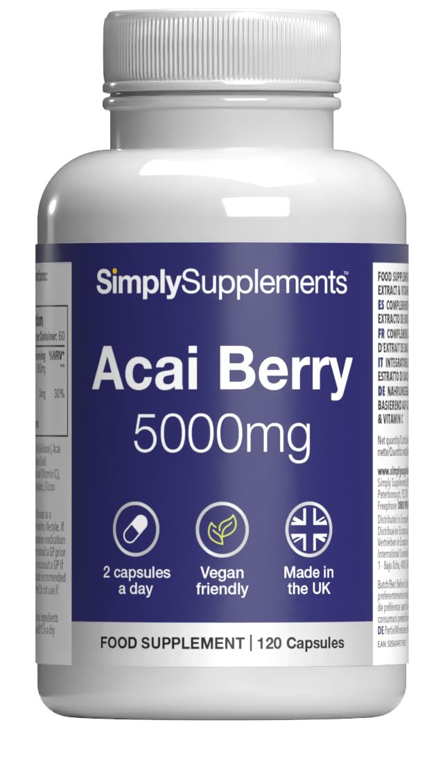 Simply Supplements Acai Berry 5,000mg Capsules | with Vitamin C | Supports Immune System & Collagen Formation | Freeze-Dried Extract | Vegan Friendly | 120 Capsules = 2-Month Supply | UK Made