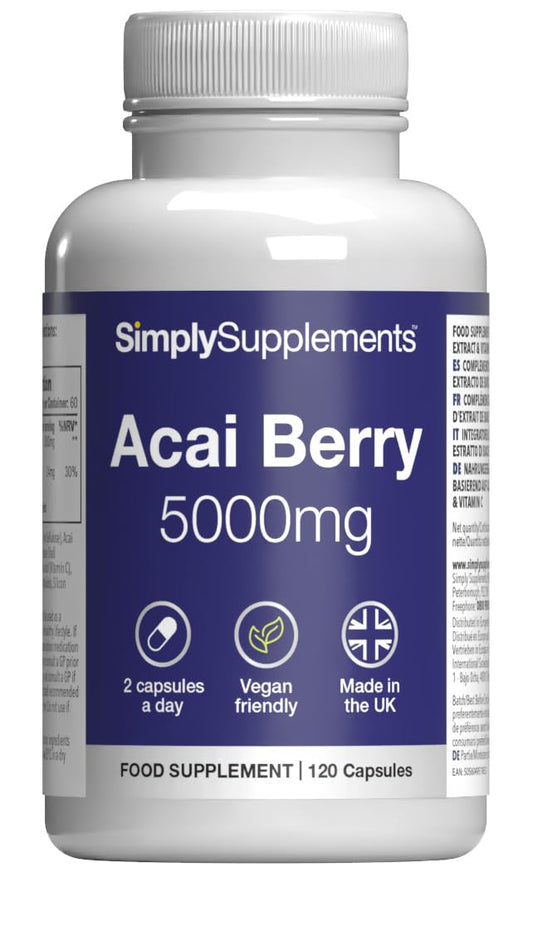 Simply Supplements Acai Berry 5,000mg Capsules | with Vitamin C | Supports Immune System & Collagen Formation | Freeze-Dried Extract | Vegan Friendly | 120 Capsules = 2-Month Supply | UK Made