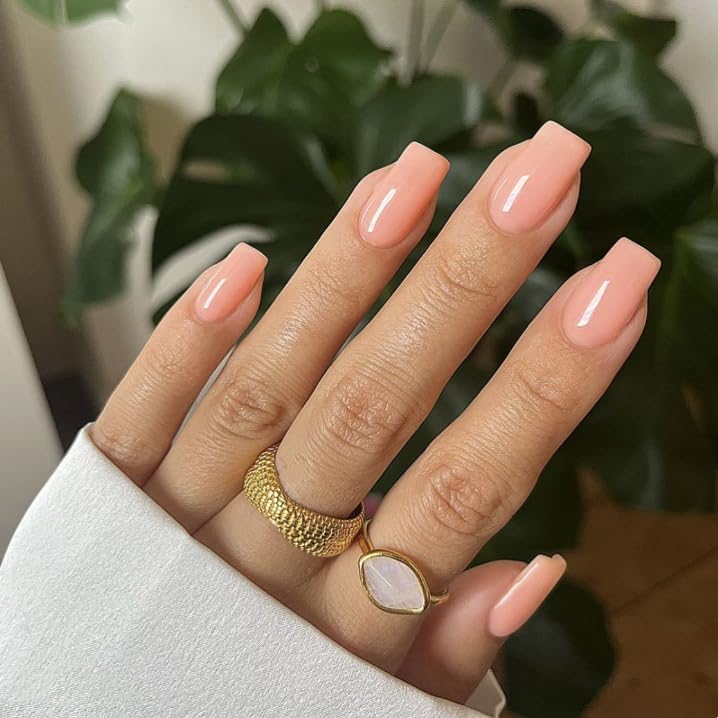 KQueenest Light Pink Press on Nails Long Square, Nude Pink False Nails Long Medium Coffin, Glossy Natural Solid Color Fake Nails Set, Reusable Gel Stick on Nail for Women Finger Daily Wear 24 Pcs