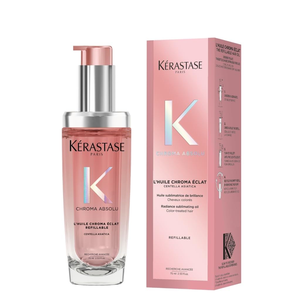 KÉRASTASE Kérastase Chroma Absolu, High Shine Hair Oil for Damaged Colour-Treated Hair, Lightweight Formula with Lactic Acid, Huile Chroma Éclat, 75ml Refill