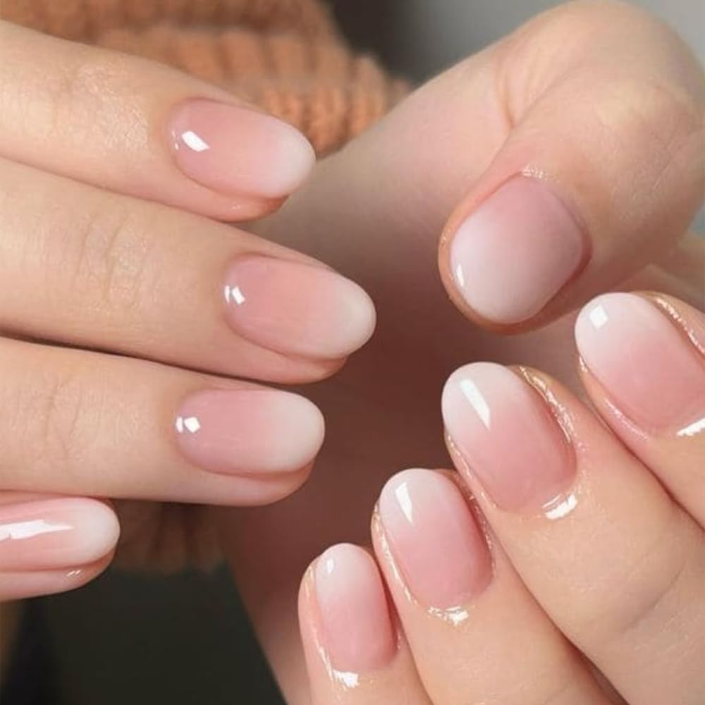 Ombre French False Nails Short Oval, SXVME French Press on Nails Short, Gradient Pink Full Cover Fake Nails Almond, Elegant Ombre Pink Nails Press on, Acrylic Stick on Nails for Women Daily Wear