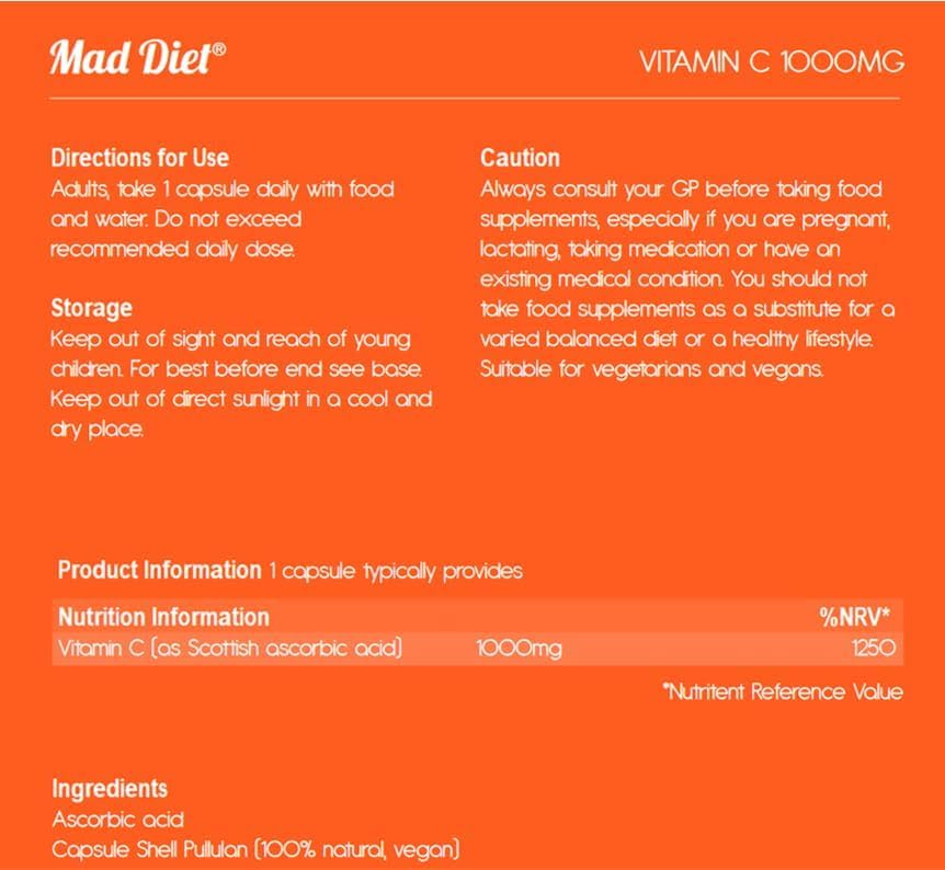 Mad Diet Scottish Vitamin C | Zero Additives | Practitioner Quality | Locally Sourced | 1000mg Capsules | 2 Month Supply | Trusted UK Brand | Immune Support | Suitable for Vegans and Vegetarians