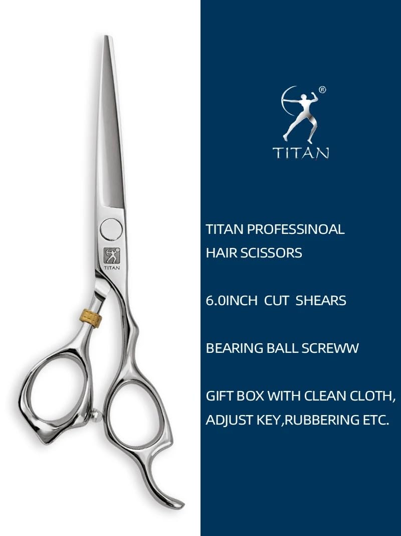 Titan Scissors Titan T3D60 Professional Barber Scissors 6” 440C Japanese Steel Hair Cutting Scissors with Stabilizer, Precision Straight Hairdressing Scissors for Men & Women