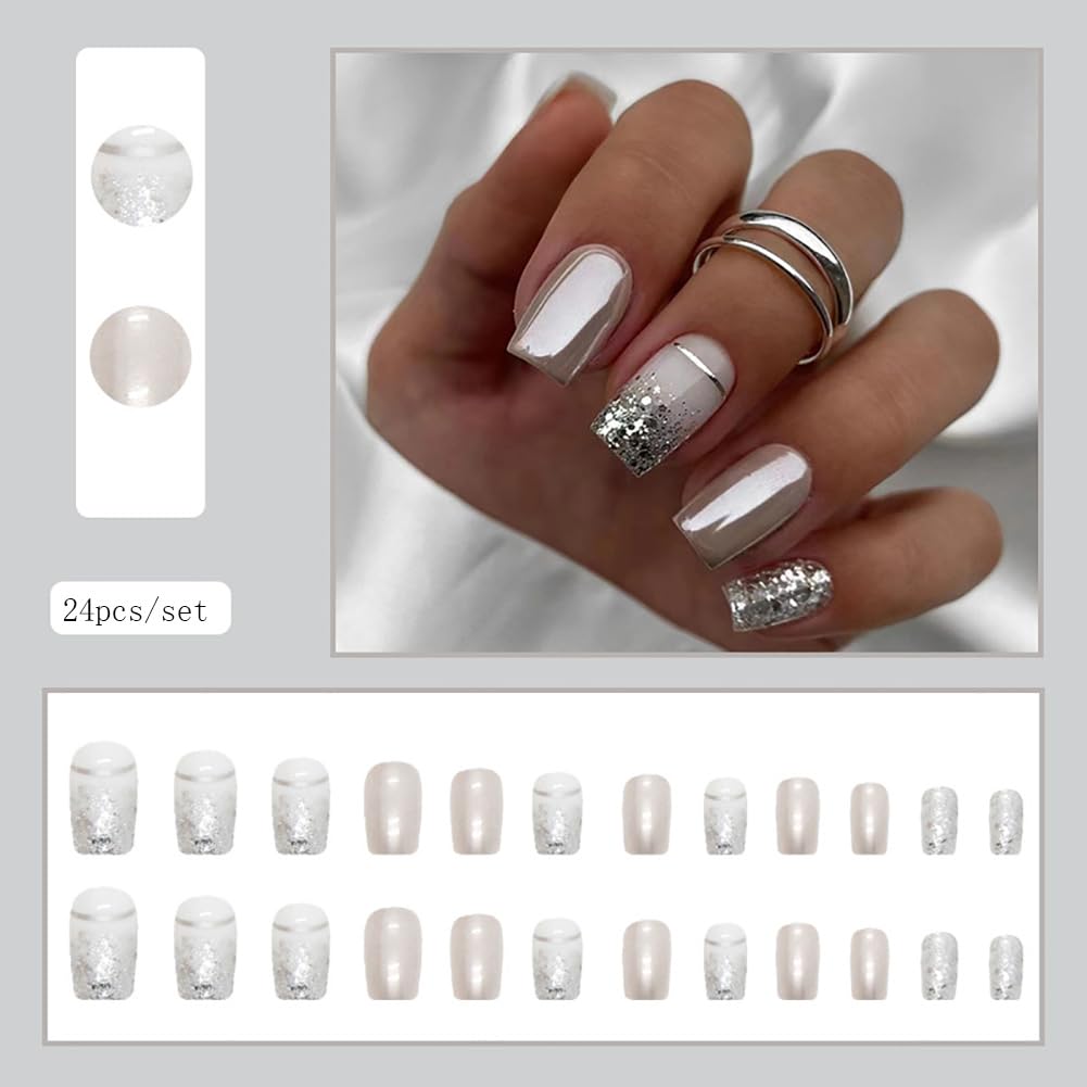 Clataly 24 Pcs Square Nail Silver Glitter Powder Fake Nails Press on False Nails Daily Wear Artificial Nails for Women and Girls