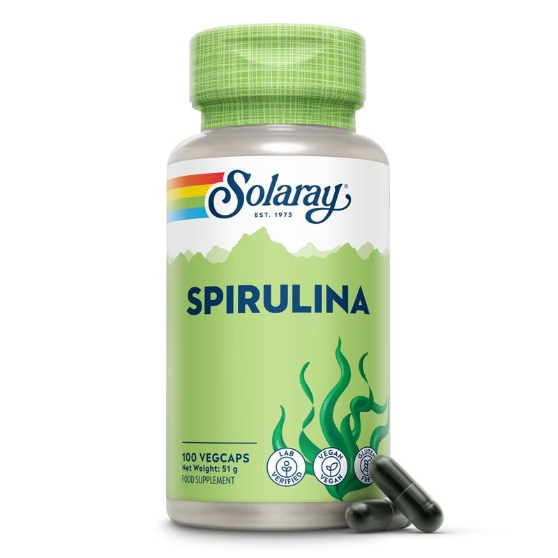 SOLARAY Solaray - Spirulina Algae - 100 Vegan Capsules not Tablets or Powder - Rich in Protein, Vitamin & Minerals -High Strength Supplement - Lab Verified, GMO & Magnesium Stearate Free