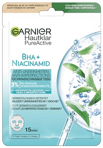 Garnier Cloth Mask, Face Mask for Oily Skin, Anti-Impurities, Formula with Tea Tree Oil and Salicylic Acid, Clear Active, 23 g