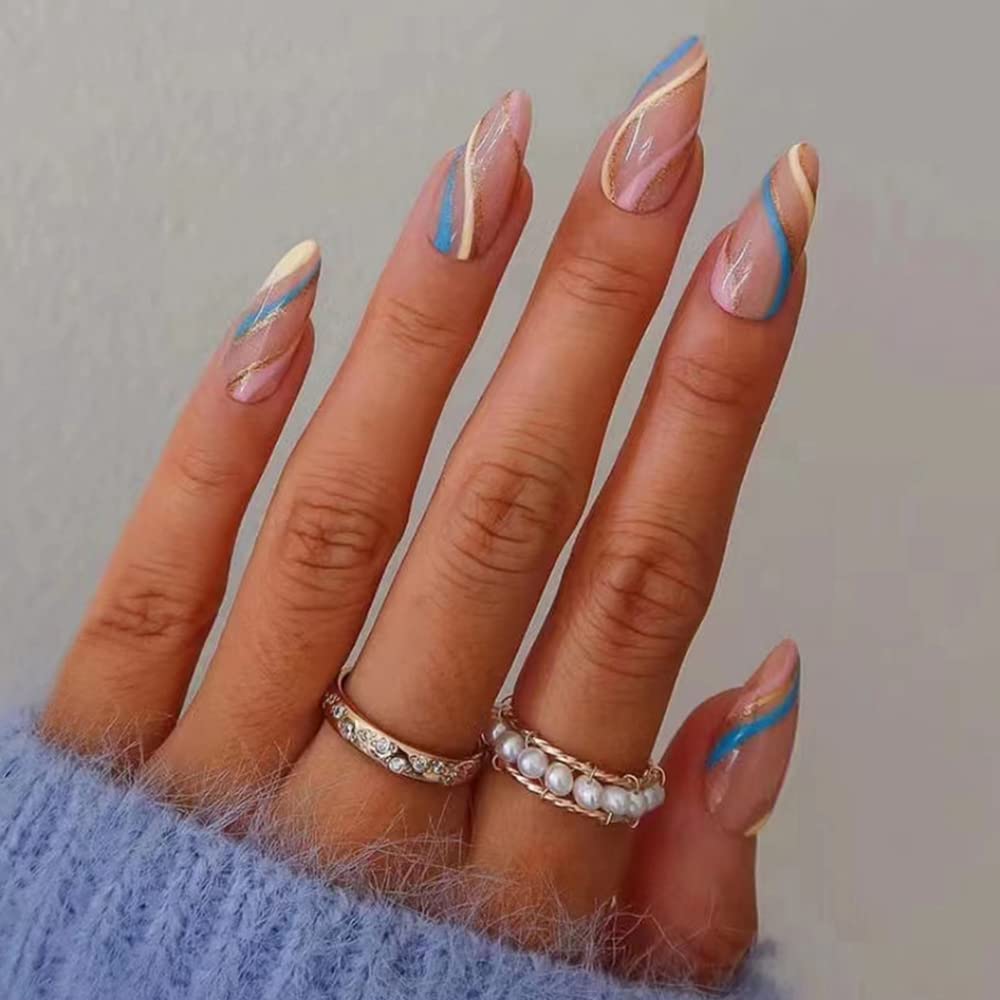 Albiuev 24PCS Short False Nails with Glue Stickers,Almond Full Cover Acrylic and Press on Nails no Glue, Green Flower French Fake Nails Stick for Women and Girls Nail Art.