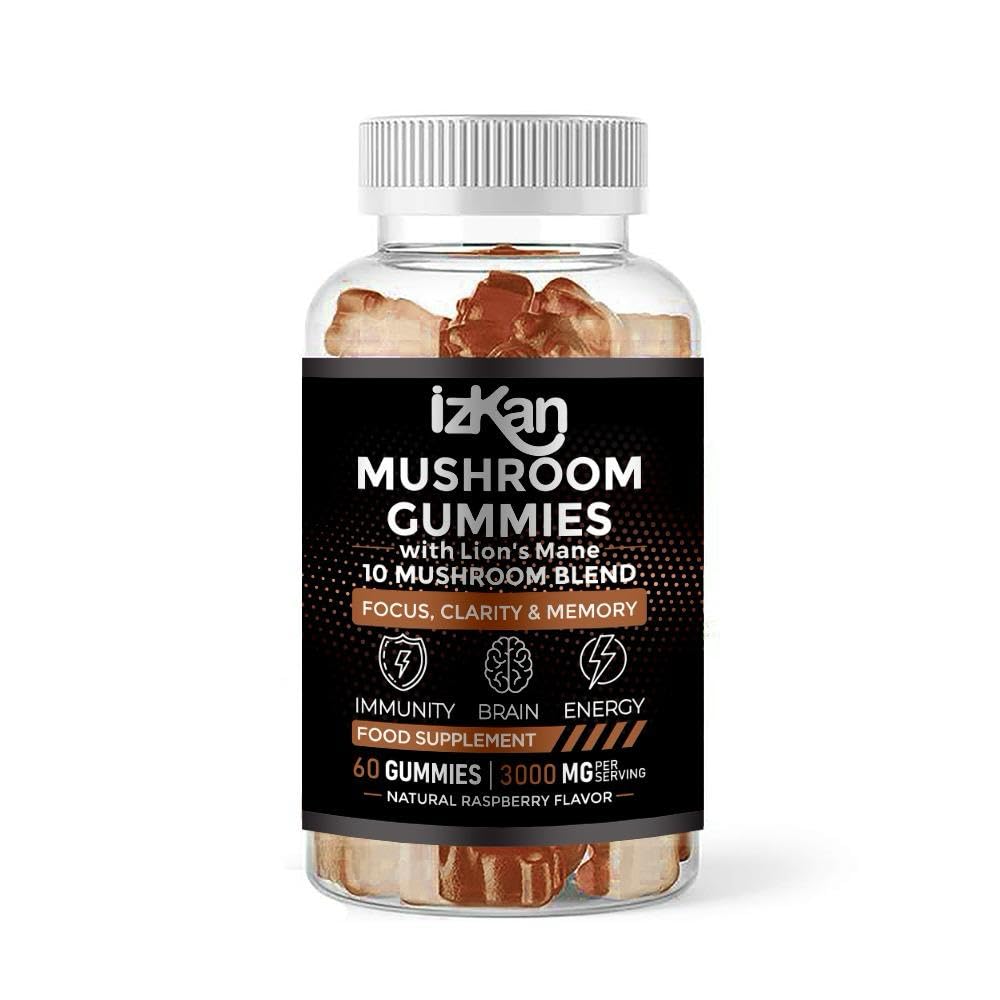 Izkan Mushroom Complex Gummies 3000mg - 10 Brain Health Mushrooms Gummies Supplement Promotes Focus, Memory, and Mood - 60 Count (Rasberry Flavor, Halal, Gluten-Free, Vegan) (1)
