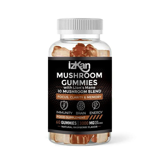 Izkan Mushroom Complex Gummies 3000mg - 10 Brain Health Mushrooms Gummies Supplement Promotes Focus, Memory, and Mood - 60 Count (Rasberry Flavor, Halal, Gluten-Free, Vegan) (1)
