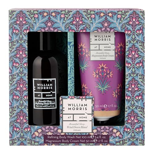 William Morris At Home Beautiful Sleep, Wind Down Ritual Of Refining Body Wash 100ml and Magnesium Body Cream 50ml, Travel Size and Vegan Friendly, Beauty Gift For Her, Christmas Stocking Filler