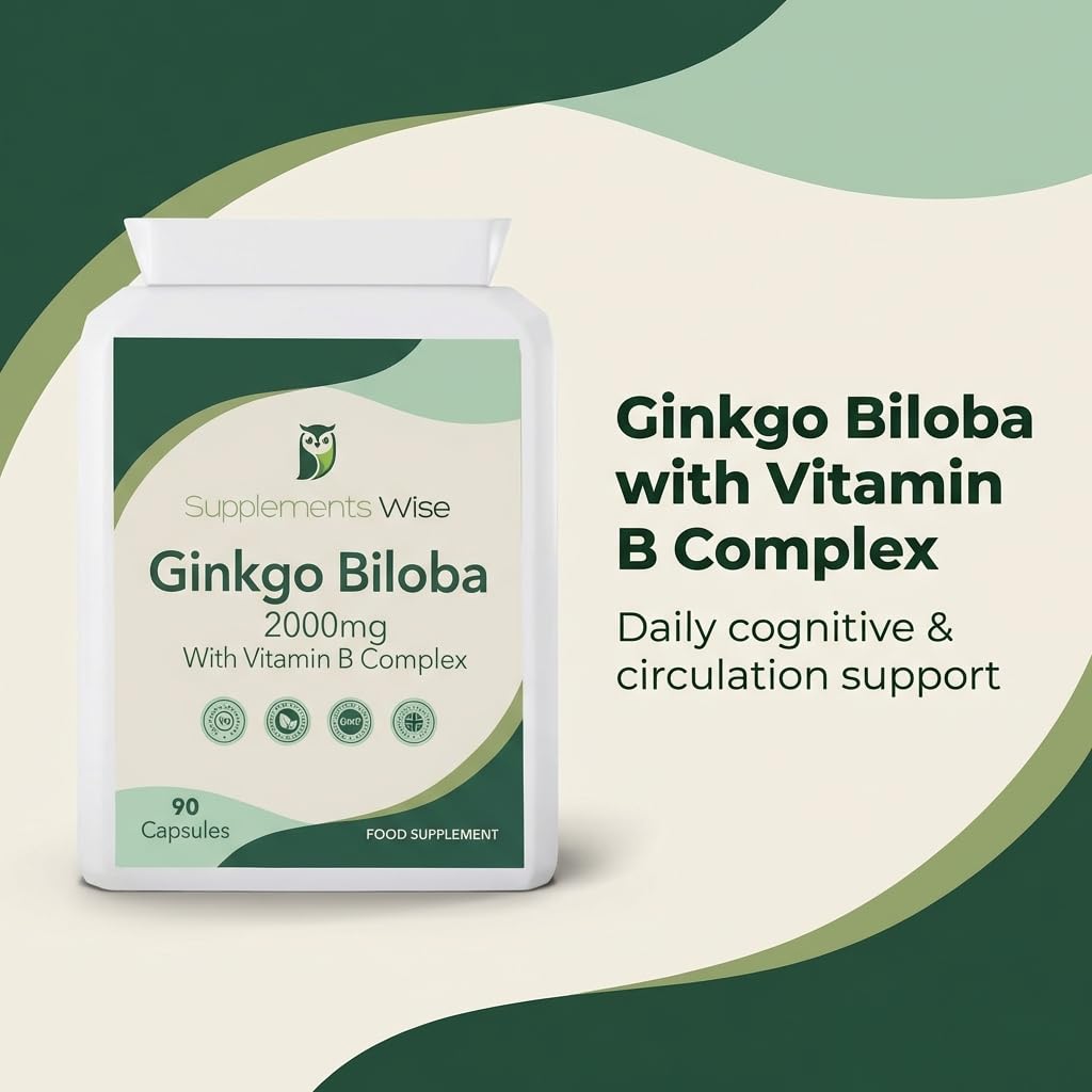 Supplements Wise Ginkgo Biloba Capsules 90 x 2000mg - Dizziness and Vertigo Treatment - Focus Tablets, Concentration Pills for Brain, Memory - Blood Circulation -Ginkgo Biloba Herbal Supplements with Vitamin B Complex