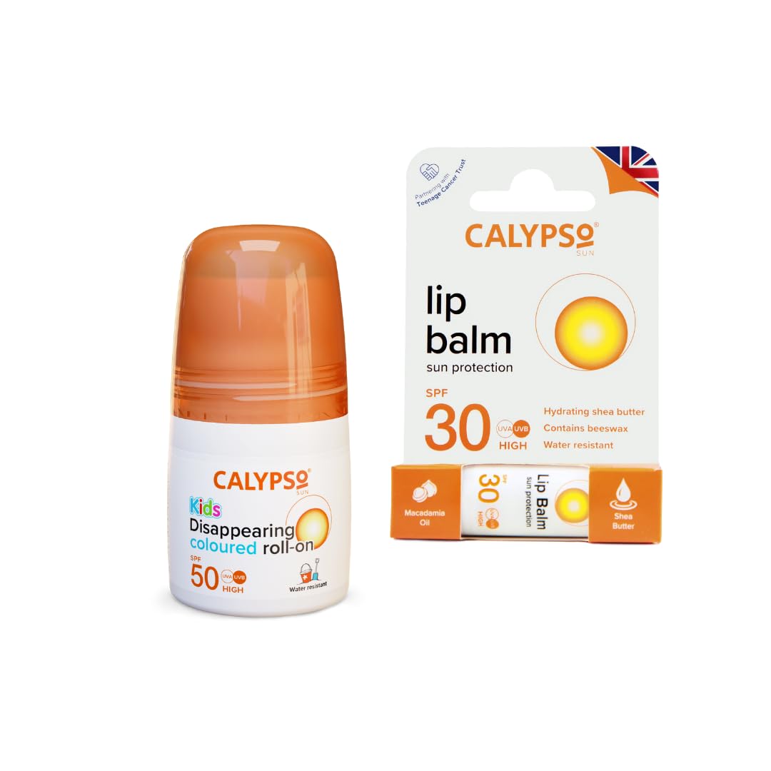 Freddies House Calypso Sun Protection Twin Pack for Adults & Kids: SPF 50 Roll On Sunscreen & SPF 30 Lip Balm - Travel-Friendly Suncare Essentials