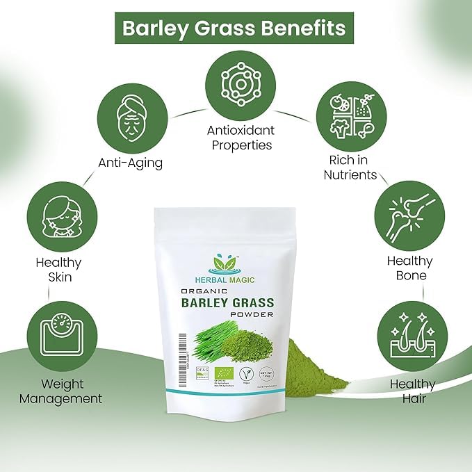 Herbal Magic Organic Barley Grass Powder, Delicious Addition for Smoothies, Milkshakes & Recipes, Natural Wholefood Ingredient, Free from Fillers & Preservatives-100g
