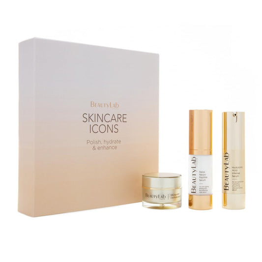 BEAUTYLAB Skincare Icons Trio Gift Set, Micropolish Face Scrub, Neuropeptide Serum, & Hyaluronic Acid Serum, Luxurious Skincare Set, Enhances, Hydrates, & Smooths Skin, Gifts for Women