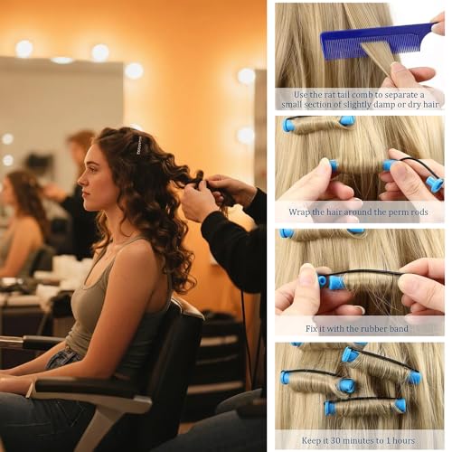DBOO 60 pcs Small Perm Rods (0.35 Inch) with Tail Comb | Non-Slip Plastic Hair Curlers Rollers for Long & Short Hair | No Heat, Travel-Friendly Perm Kit for Home/Salon Use (Blue)