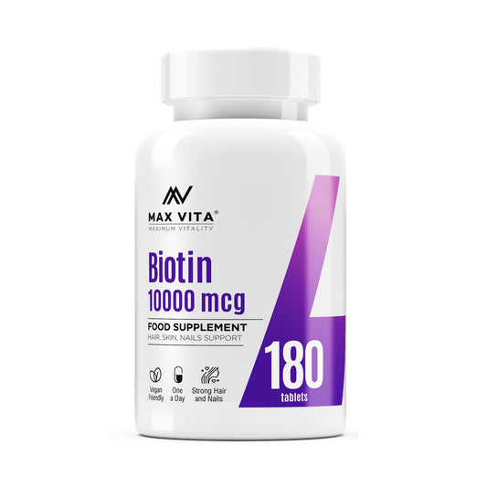 MAX VITA MAXIMUM VITALITY Biotin 10,000mcg High Strength Supplement for Men and Women|Supports Healthy Hair, Skin & Nails|180 Vegetarian Tablets (Non-GMO, Gluten Free) Made in The UK