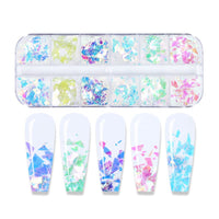jmeowio Holographic Mermaid Nail Art Glitter Flakes JMEOWIO 12 Grids Holographic Nail Foil Gradient Bright Iridescent Ice Slag Nail Sequins Paillettes Summer Nail Art Decoration for Women Girls