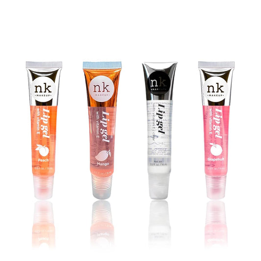 NK lip gloss gel 15ml Vitamin E, Shiny, Nourishes, Peach, Mango, Clear and Grapefruit flavoured by Nicka K (Multi Pack Of 4).