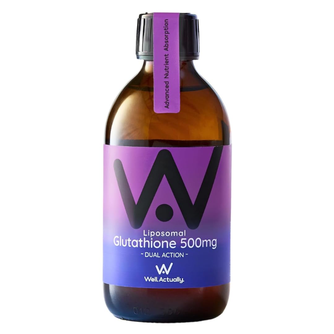well actually WELL ACTUALLY Liposomal Glutathione 500mg (50 Servings - 250ml) High Bioavailability Setria® Glutathione Supplement with Vitamin B6 & Selenium - Powerful Antioxidant - Vegan, Blueberry Mint Flavour