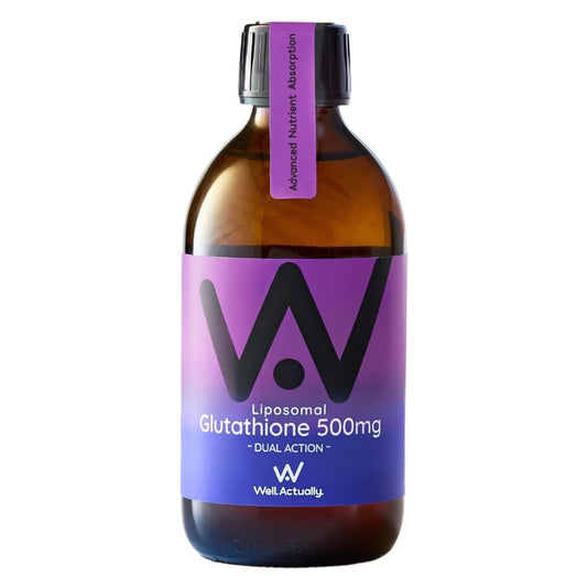 well actually WELL ACTUALLY Liposomal Glutathione 500mg (50 Servings - 250ml) High Bioavailability Setria® Glutathione Supplement with Vitamin B6 & Selenium - Powerful Antioxidant - Vegan, Blueberry Mint Flavour
