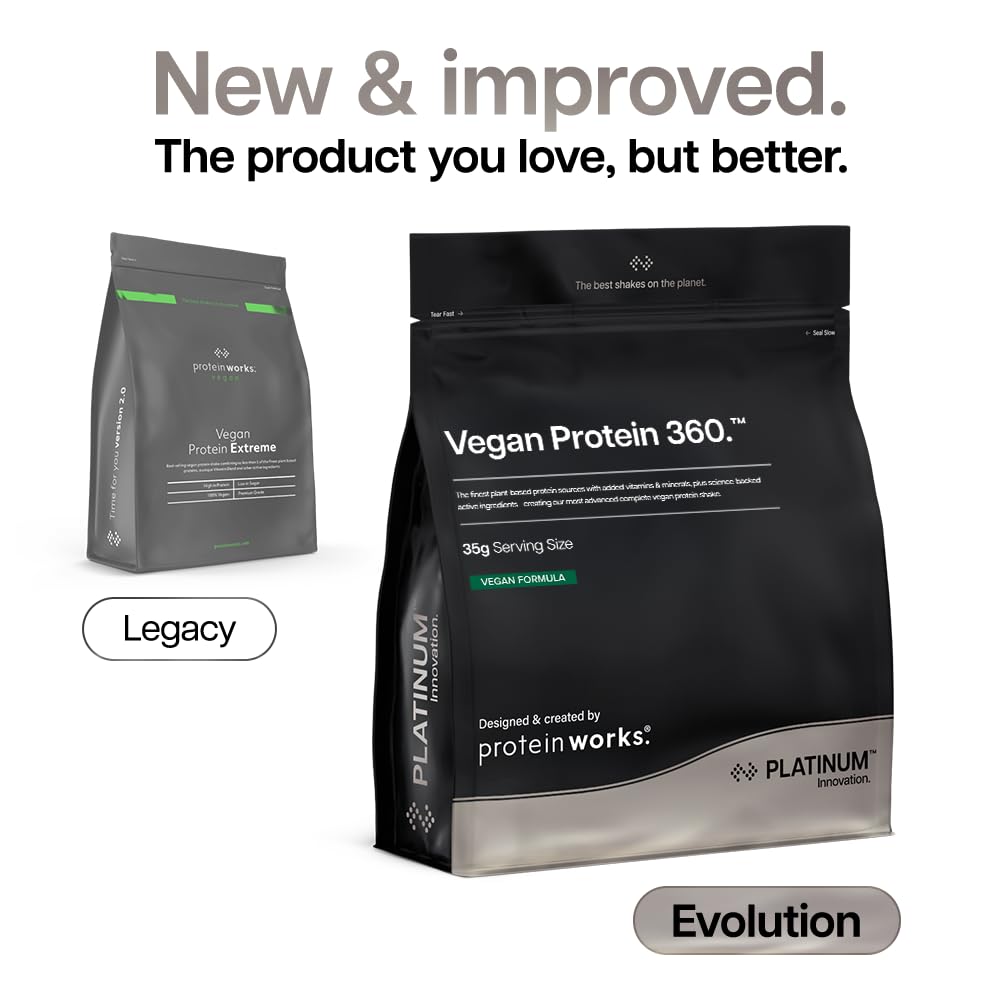 Protein Works | Vegan Protein 360 - Platinum Innovation, Premium Vegan Protein Powder, Plant-Based Protein Shake, Essential Vitamins & Minerals, Low Sugar, Banana Smooth, 14 Servings, 500g