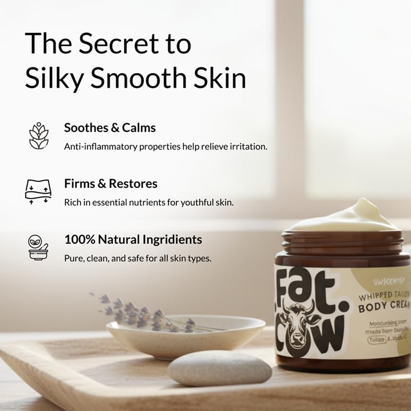 Fat Cow Skincare Beef Tallow Skin Care, Beef Tallow Moisturiser, Grass Fed & Whipped, Enriched with Jojoba Oil for Skin Hydration and Sensitive Skin, Eczema Relief, 120ml Unscented