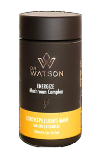 Dr Watson Energize Max Mushroom Supplement & Multivitamin Capsules| Cordyceps Lions Mane Vitamin B Complex Ginseng | Boost Your Performance | 60 Capsules