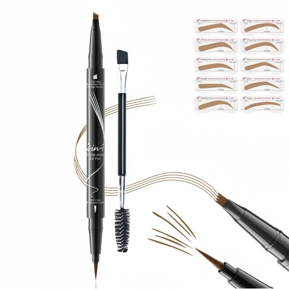 MAYEON Waterproof Dual-Ended Brow Pencil with 4-Prong Comb & Microblade Tip - Ultra-Fine Hair-Like Strokes, Smudge/Sweat Proof Formula(Includes Eyebrow Stencils & Brush) (Light Brown)