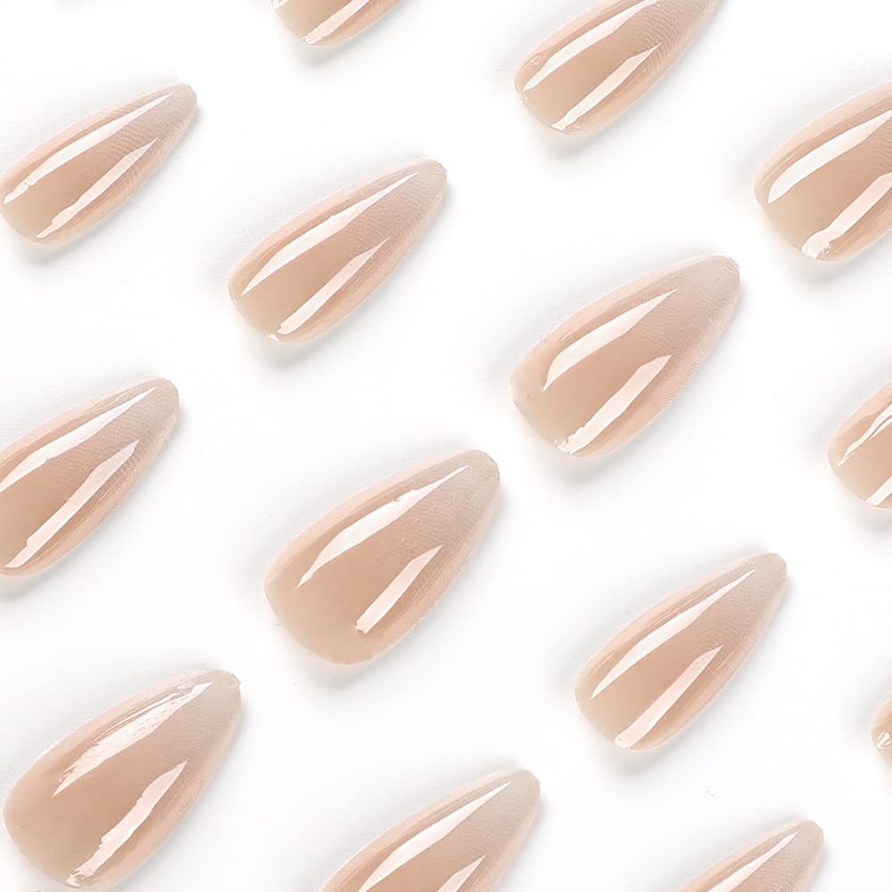 Albiuev 24PCS Long False Nails with Glue Stickers,Almond Full Cover Acrylic and Press on Nails no Glue,Pure Gradient French Fake Nails Stick for Women and Girls Nail Art