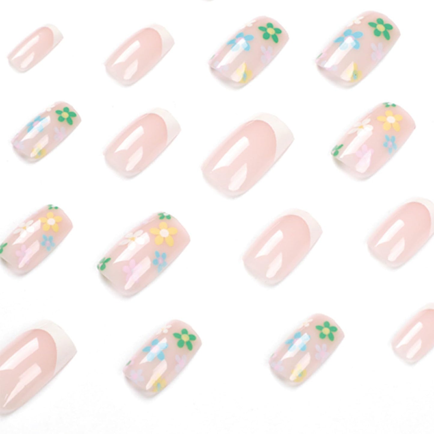 Agasar 24pcs French False Nails Short Square White Tip Stick on Nails Daisy Flower Press on Nails Removable Glue-on Nails Fake Nails Women Girls Nail Art Accessories